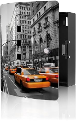 banjado Design Schlüsselkasten aus Edelstahl für 10 Schlüssel - Schlüsselschrank zur Schlüssel Aufbewahrung 24 x 21,5 x 7cm groß mit praktischem Magnetverschluss - Motiv New York Taxi