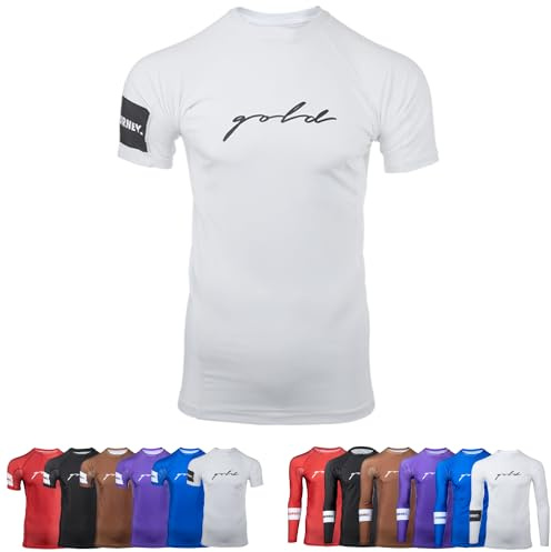 Gold BJJ Foundation Rash Guard - Ranked No-Gi and Gi Jiu Jitsu Rashguard (Short Sleeve, White, M)