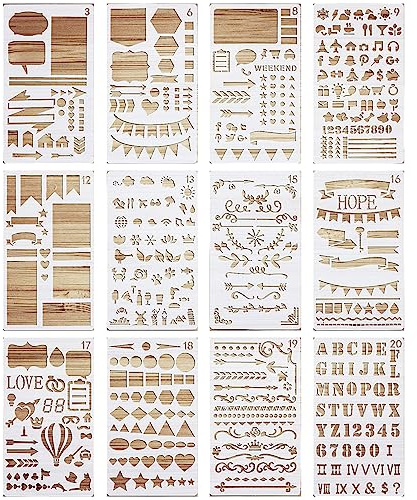 VETPW 12 pezzi misti Bullet Journal stencil, stencil per disegno e pittura, riutilizzabile in plastica, per fai da te, carte, scrapbooking, planner, decorazione murale