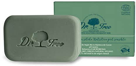 Dr. Tree Gel Solid Écologique Nutritif - Spécial Peau Sensible, Renforce le Microbiome, ECOCERT. 99, 7pourcent Ingrédients Naturels, Huile d’Argan et Beurre de Cacao, Végétalien Sans Plastique, 120gr