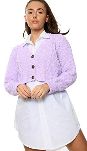Crazy Girls Women's Ladies Long Sleeve 3 Button Cropped Chunky Aran Cable Knitted Grandad Cardigan Cropped Bolero Cardigans for Women