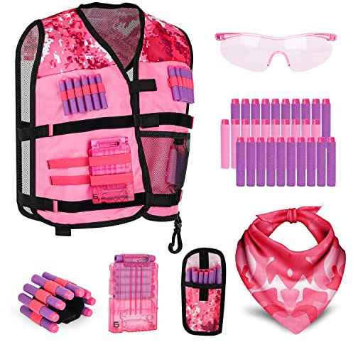 Lehoo Castle Kinder Taktische Weste Jacke Set für Nerf Guns (Rosa | für Nerf Guns N-Strike Elite, mit 30 Darts, Brille, Schnell Nachladen Clips, Maske und Armbände, Spielzeug für Jungen Mädchen