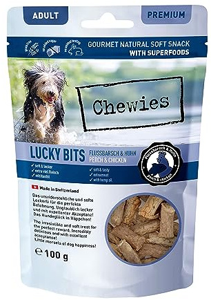 Chewies Lucky Bits Flussbarsch & Huhn Adult Hundeleckerli - Hunde-Leckerlis getreidefrei & Soft mit viel Protein und Superfoods wie Bierhefe oder Ginkgo, ohne Zucker (100 g)