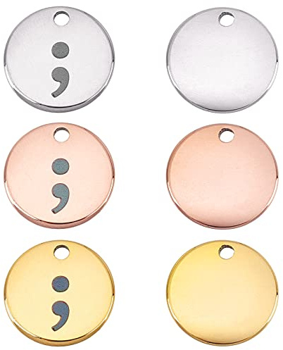 DICOSMETIC 6 Stück 3 Farben Semikolon Charme Edelstahl Flache Runde Charme Runde Blanko Anhänger Gold Roségold Anhänger Für DIY Armband Halskette Schmuckherstellung, Bohrung: 1.5mm