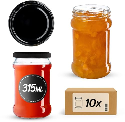 KADAX Uppsättning med 10 konserveringsburkar 315 ml TO66 svart, syltburkar förvaringsburkar Masonburk med skruvlock, lufttät och diskmaskinssäker, honungs- och dessertburkar