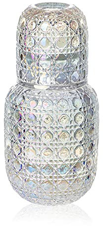 Vintage Water Carafe and Glass Set for Nightstand - Bedside Thicked Glass Decanter With Cup for Bedroom, Guestroom, Bathroom, Kitchen - 14.8oz/440ml (Iridescent)