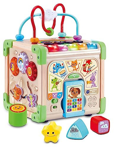 Vtech Interaktiver Holz-Spielwürfel – Interaktiver Spielwürfel mit FSC®-zertifiziertem Holz – Mit verschiedenen Elementen, Liedern und Musik – Für Kinder von 12-36 Monaten