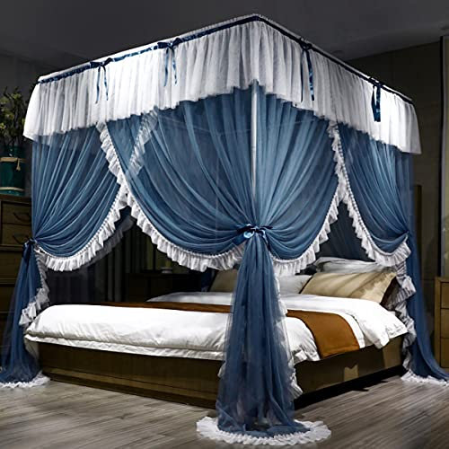 OKUOKA Betthimmel, Moskitonetz, Elegante Spitzen-Schleifenvorhänge, 4-Eck-Pfostenzelt, Metallbettrahmen für Einzelbett-Doppelbett, einfache Installation, Graublau, 1,8 x 2,0 m