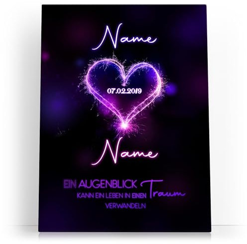 Liebesleinwand Leinwandbild personalisiert Herzensfunken | Leinwand gestalten mit Namen und Datum Geschenk für Partner Hochzeitstag, Jahrestag