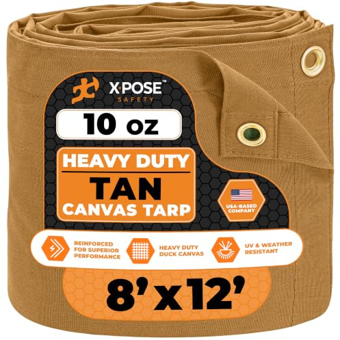 Xpose Safety Canvas Tarp - 10oz Tan Canvas Tarps Heavy Duty Water Resistant with Brass Grommets- Multipurpose Outdoor Tarpaulin for Camping, Canopy, Trailer, Equipment Cover 8' x 12'