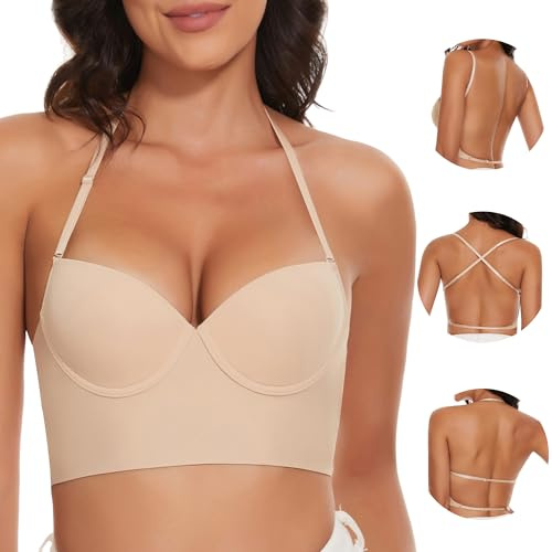 Vinperfor Reggiseni a Schiena Bassa - Reggiseni Senza Schiena, Senza Cuciture con Schiena a Forma di U e Ferretto, Reggiseni a Collo Halter, Multiway con Spalline Convertibili (Nude, XS)