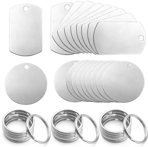 Dtoterul Edelstahl Anhänger Blanko 20 Stück Rohlinge Dog Tags Stanzen Rohlinge Hundemarken Schlüsselanhänger Beschriftbar Leere Anhänger Tags Rund Schlüsselanhänger DIY Making Kit