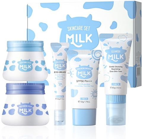FEXPDL 5 Piece Milk Skin Care Sets & Kits Kids Skin Care Products Milk Protein Skincare Gifts For Teenage Girls, Skincare Set With Cleanser, Eye Cream, Moisturizer, Sunscreen, Brightening Cream