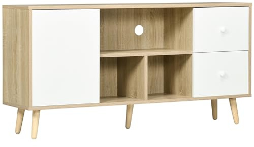 HOMCOM Meuble TV Banc TV jusqu'à 45 Pouces Pattes en Bois Massif 3 Niches | 1 Meuble avec Porte, 2 Tiroirs
