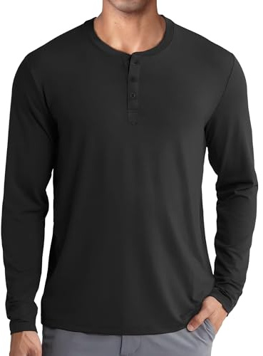 COOFANDY långärmad tröja herr långärmad Henley-skjorta fritidsskjorta toppar med knappslå basic undertröja, svart, M