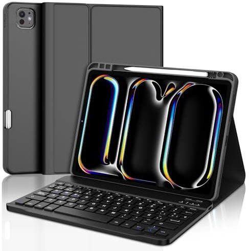 JADEMALL Funda con Teclado para iPad Pro 11'' (M4) 2024, Teclado Bluetooth Inalámbrico Desmontable con Funda Protectora Delgada y Ranura para Bolígrafo para iPad Pro 11 Pulgadas (5th Gen) 2024, Negro