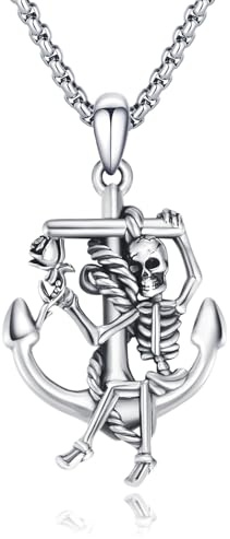 CRWENG Ankerkette 925 Sterling Silber Nautische Anker Totenkopf Halskette für Männer Piratenschädel Anker Anhänger Gothic Punk Skelett Halskette Herren Vintage Schmuck Geschenk