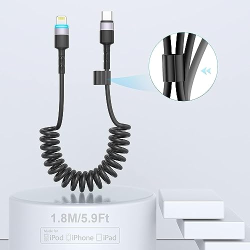 Coiled USB C zu Lightning Kabel, 6FT Spule iPhone Ladekabel für Auto【Apple MFi Zertifiziert】Apple Lightning Coiled Kabel Kompatibel mit iPhone14/13/12/11 Pro Max/XS MAX/XR/XS/X/8/7/Plus/6S iPad/iPod