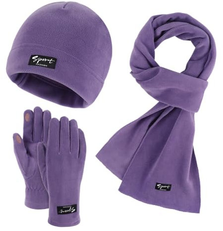 GIBZ Unisex Winter Beanie Mütze Schal Handschuhe Set, Warme & Weiche Fleece Gefütterte Mütze, 3 Stück Touchscreen Handschuhe Sets, Lila
