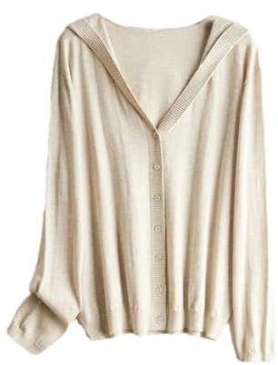 Cardigan da donna misto cashmere di seta con cappuccio sciolto manica lunga cappotto in maglia tinta unita top casual, Beige, XL