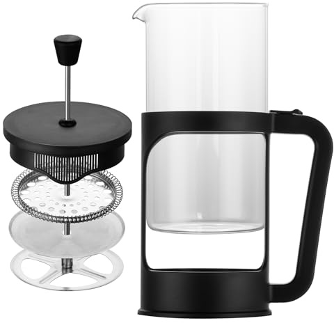 TheJze 7-Cup 1 Litre Cafetière & Coffee Plunger, Heat-Resistant Detachable Glass French Press, Double Stainless Steel Filter, Drip-Free Pour Spout, Easy Clean 1000ml Coffee Maker, Black Frame