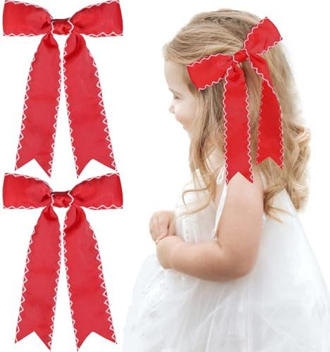 NCMAMA 2PCS Red Bows for Girls Grosgrain Ribbon Alligator Hair Clips Hair Barrettes Hair Accessories for Girl Teens Kids Toddler with Long Tail