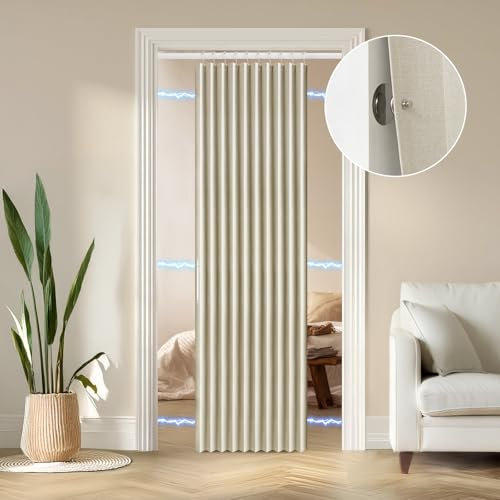 RINHARTEX Cortina Opaca Plisada magnética para Puerta, acordeón, Puerta Interior, Armario, Puerta, Divisor de habitación, Invisible, aplicable para Dormitorio, Sala de Estar (52 x 78 Pulgadas, Beige