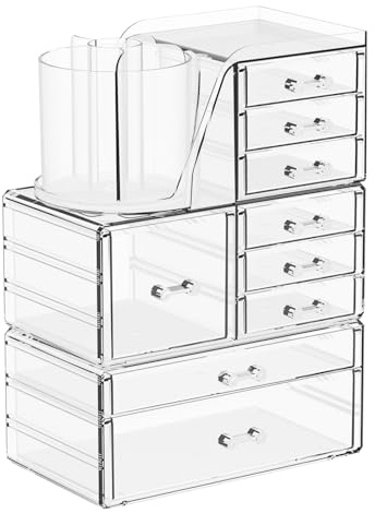 SuoXing 3 Pack Clear Acrylic Makeup Organizer for Vanity With 9 Drawer, Skincare Organizers Countertop With Make up Brush Holder,Bathroom Make up Drawer Storage for Beauty,Hair Accessories Organizer