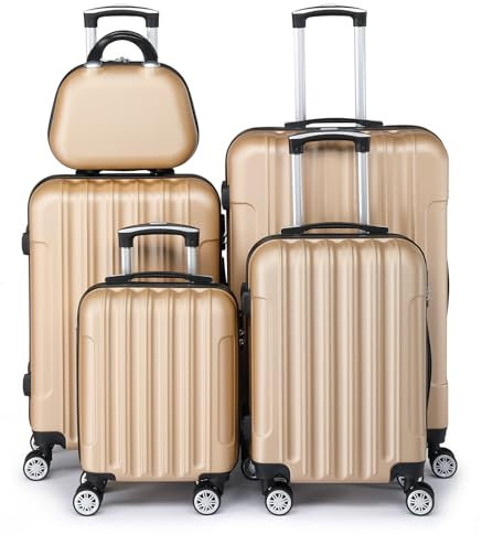 LEADZM Kofferset 5 teilig, Reisekoffer Set mit Kosmetikkoffer, Koffer Set Hartschalen-Trolley aus ABS mit Teleskopgriff, Handgepäck (Champagne)