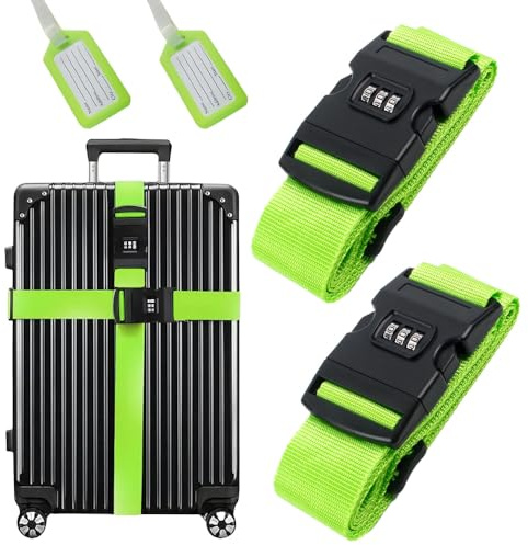 2 correas para equipaje con 2 etiquetas para equipaje, correa ajustable con cerradura de combinación, correa de equipaje llamativa para detectar rápidamente equipaje bolsa de viaje maleta (verde)