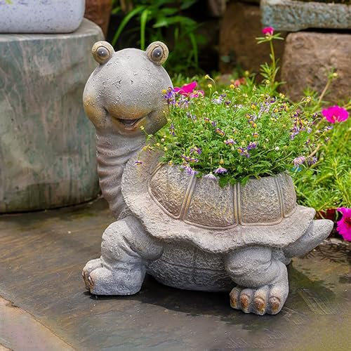 Bracket Light Schildkröte, dekorativer Blumentopf, große Gartenfiguren und Gartenstatuen, Gartendekoration im Freien, wetterfeste Harzskulptur für die Dekoration von Haus, Garten, Balkon, Grau, 38 x