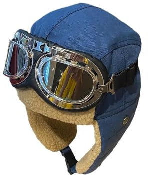UYFRD Warme Winter-Motorradmütze, Fliegermütze und Brille, Kostüm-Zubehör für Herren und Damen, Outdoor, Ski, Radfahren, Pilotenmütze, Mütze, Mützen (blau)