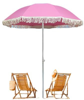 1,60 m Boho-Strandschirme für Sand mit Fransen, rosa Terrassenschirm, Urlaub, 8 Rippen, Terrassentischschirm, höhenverstellbar, Sonnenschirm, Strand, UV50+-Schutz, Markttischschirm für Garten, Rasen,