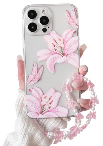 NITITOP for iPhone 14 Pro Case Clear Cute Flower Lily Chain,Pink | for Women Girls, Floral Butterfly Design, with Wrist Strap, Soft TPU Shockproof Cover, Full Camera Protection
