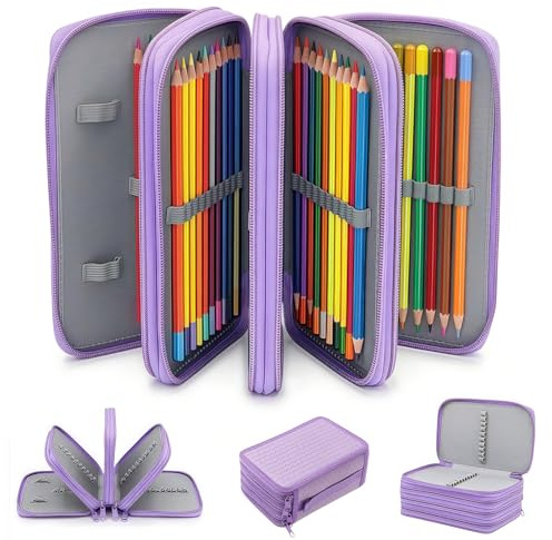 Kozdtiz Federmäppchen Große Kapazität 72 Slots Federmappe, Portable Mäppchen mit Tragegriff und 4 Fach Federmäppchen für Jungen Mädchen Studenten Schulmaterial 20 x 12.5 x 8.3 cm Lila