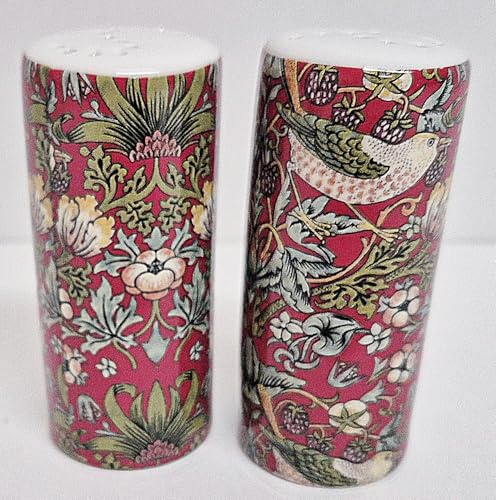 William Morris Strawberry Thief Red Salt & Pepper Set Round Porcelain Shakers Birds Garden Fantasy Hand Decorated UK