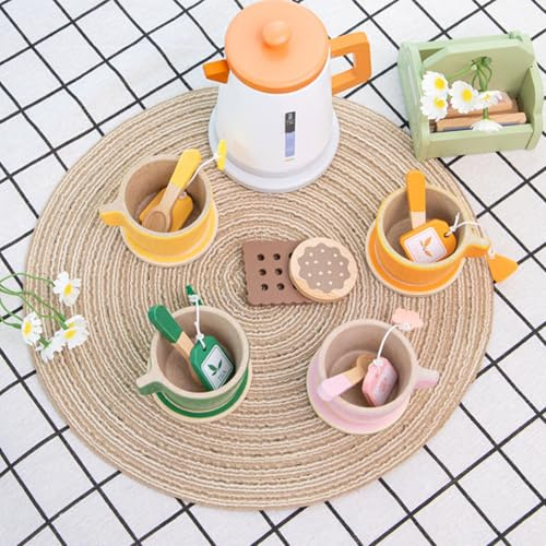 Alomejor Teeservice aus Holz für Kleinkinder, mit Tassen, Löffel, Wasserkocher, Regal, Kaffeestücken, für Mädchen Im Alter von 3, 4, 5 und 6 Jahren