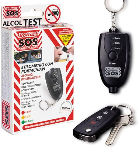 Bottari S.O.S. Etylometer LED-nyckelring – alkoholtest, bärbar alkoholtest, nivåindikator med ljusindikator, kompakt och ficka, med nyckelring ingår