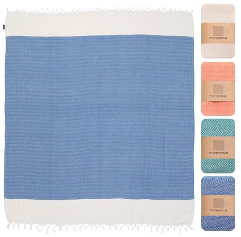 MOMOMUS Strandtuch XXL 200x220 cm, 100% Baumwolle, Stranddecke, Blau | Fouta XXL mit 4,40 m² zum Ausbreiten und Teilen; beidseitig nutzbar, mit Zickzackgewebe und Fransen, auch als Picknickdecke.