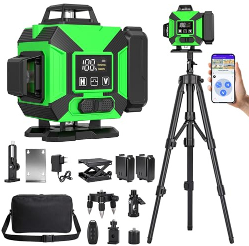Livella Laser Autolivellante con Treppiede, 4 x 360° Laser a Linee Incrociate, Livella Laser Verde Regolabile Luminosità, Dispositivo di Livellamento con 2 x 3600 mAh Batteria per cantieri Interni DIY