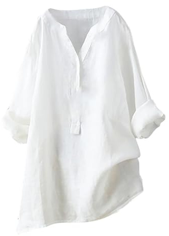 Générique Tunique Femme Grande Taille en Coton et Lin Chemisier Femme Chic et Élégant Col V Manches Longues Couleur Unie Ample Fluide Haut Vetement Ete Tee Shirt Casual Blouse Chemise Longue