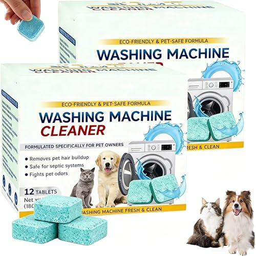 KINGSH 24 Tablets Prime Drum Washing Machine Cleaner-Eliminates Foul Pet Hair Dissolver Residue, Odor, Limescale-Formulated for Pet Owner, Eco Safe, Compatible All Washing Machines (HE Included)