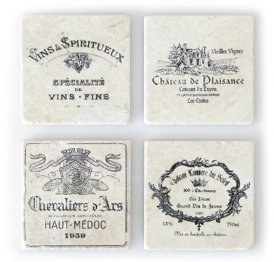 4 Stück Shabby Vintage Glasuntersetzer FRANZÖSISCHE WEINE A Untersetzer aus Marmor Chateau Antikmarmor