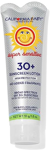 California Baby Super Sensitive SPF 30+ Sunscreen | Unscented | Mineral Based | Titanium Dioxide | Travel Size Baby Sunscreen for Face + Body | 1.8 oz