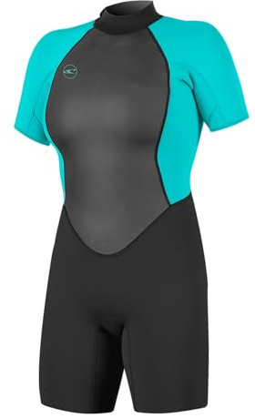 O'Neill Women's Reactor-2 2mm Back Zip Short Sleeve Spring Wetsuit, Lightweight Warmth Flexibility for All Water Activities, Black/Light Aqua, 6