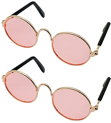 YAODHAOD Pet Sunglasses Classic Retro Circular Metal Prince Sunglasses Funny Cute Puppy Cat Teacher Bachelor Cosplay Glasses Pet Photos Props for Small Dog Cat（2 Pack） (Pink)
