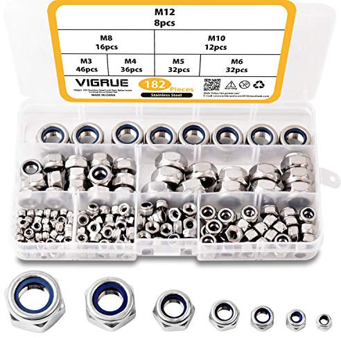 VIGRUE 182 Stück DIN 985 Kontermuttern Sechskantmuttern Sicherungsmuttern Stopmuttern Klemmmuttern A2-70 Edelstahl Muttern Nylon selbstsichernd Sechskant Schraubenmuttern 7Größe M3 M4 M5 M6 M8 M10 M12