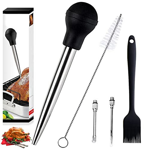 Aloskart Siringa per Alimentare,Turkey Baster,Iniettore di Carne Siringhe,304 Acciaio Inox Pipetta per Salsa，Pompa per Condimenti, Inclusa Pennello in Silicone,Pulizia Pennello