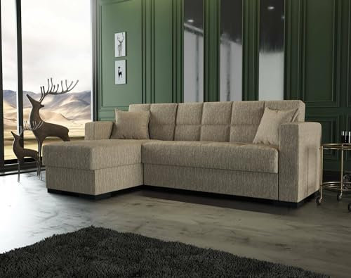 Divano Letto con penisola Fernando, Divano ad Angolo Reversibile, Sofà Contenitore da Soggiorno con Chaise Longue e 2 Cuscini, 230x150h81 cm, Beige