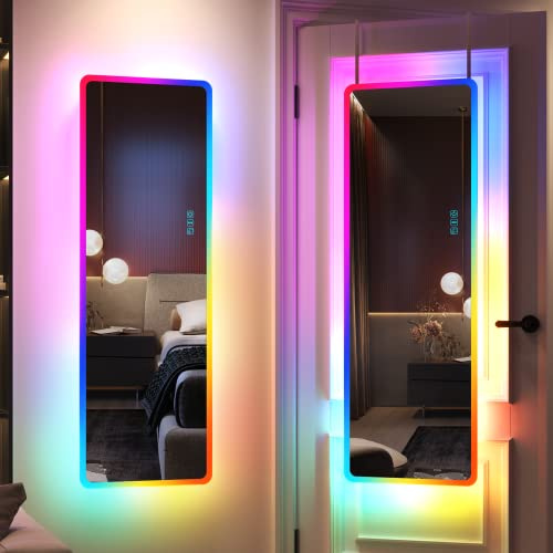 LVSOMT Helkroppsspegel med belysning RGB, väggspegel med färgglad LED, 120 x 40 cm dörrspegel LED, modern spegel helkropp rektangulär, hängande spegel över dörren för sovrum, presenter
